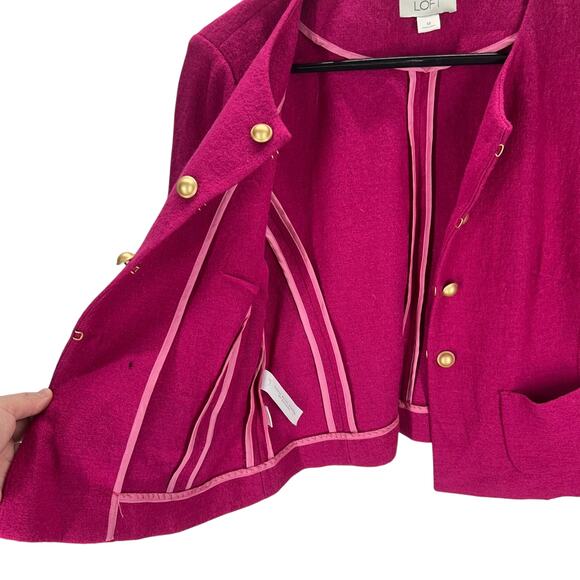 LOFT Pink Wool Blend Cropped Blazer M Gold Buttons Power Pink Preppy Vintage - Picture 3 of 6